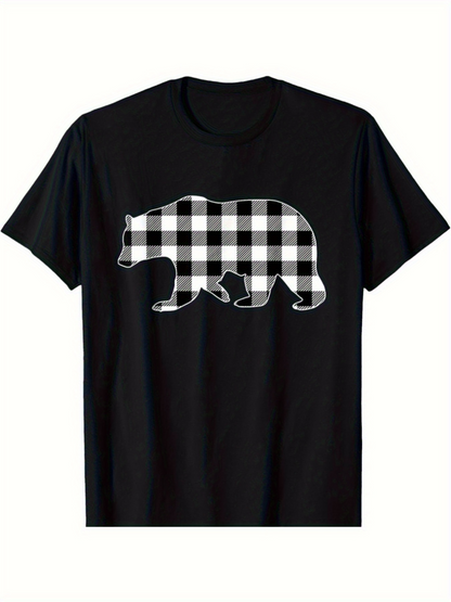 Men's Graphic T-Shirt Classic Plaid Pattern With Checkered Texture Silhouette Of Walking Bear