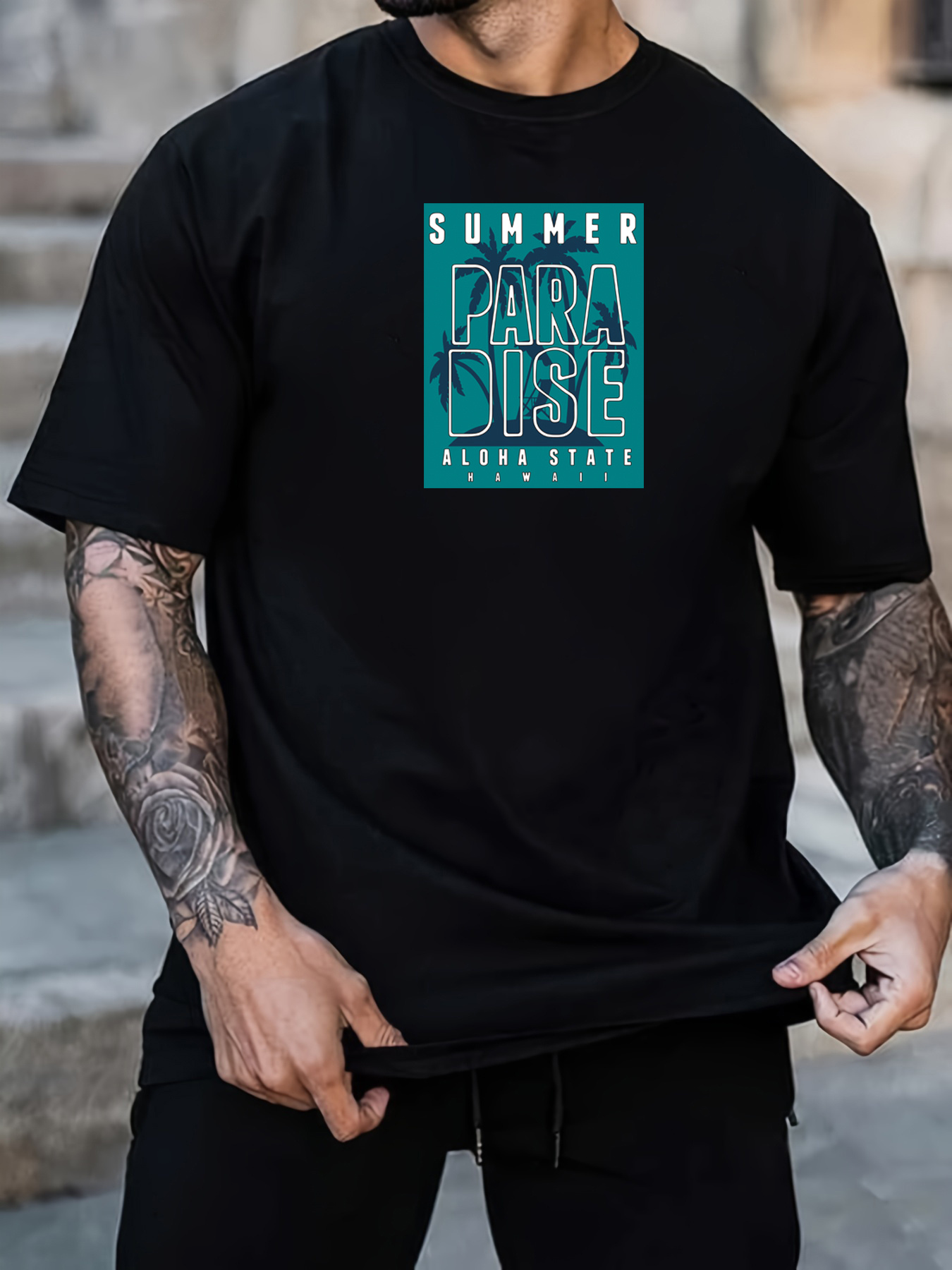 Men's Graphic T-Shirt Summer Paradise Neon Text Over Vibrant Urban Graphic T Shirt