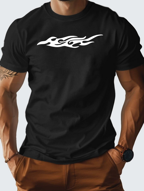 Men's Graphic T-Shirt White Tribal Flames Flowing Across Black Cotton T Shirt