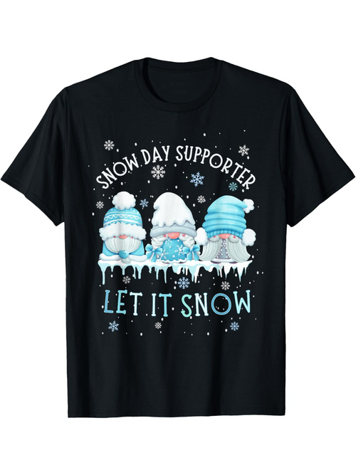 Men's Graphic T-Shirt Snow Day Supporter Let It Snow Three Blue Gnomes With Falling White Snowflakes