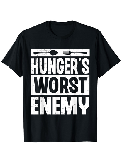 Men's Graphic T-Shirt Hungers Worst Enemy Bold White Text With Spoon And Fork Utensil Motif Shirt