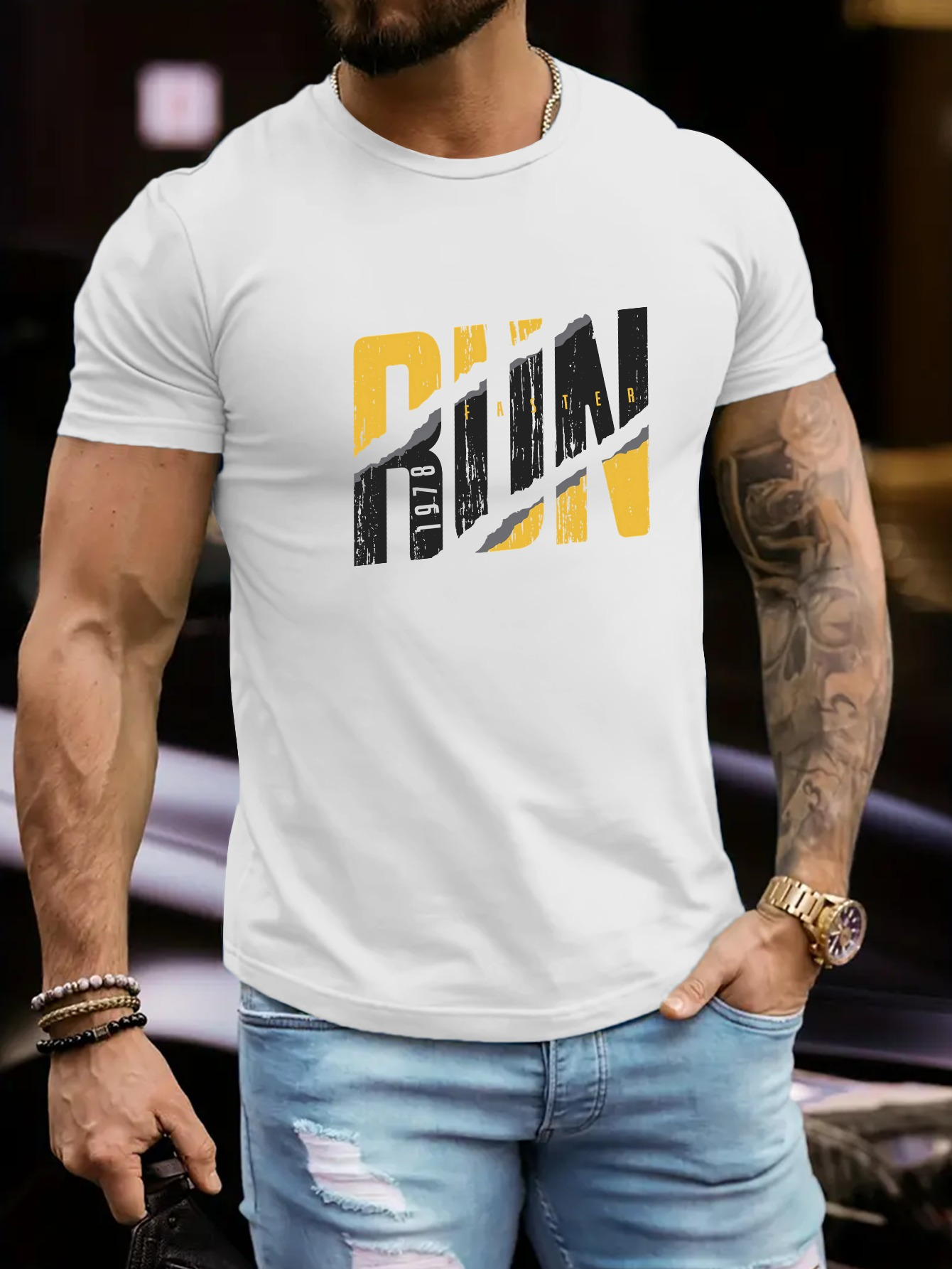 Men's Graphic T-Shirt Bold Motivational Graphic With Distressed Black Yellow Letters Run