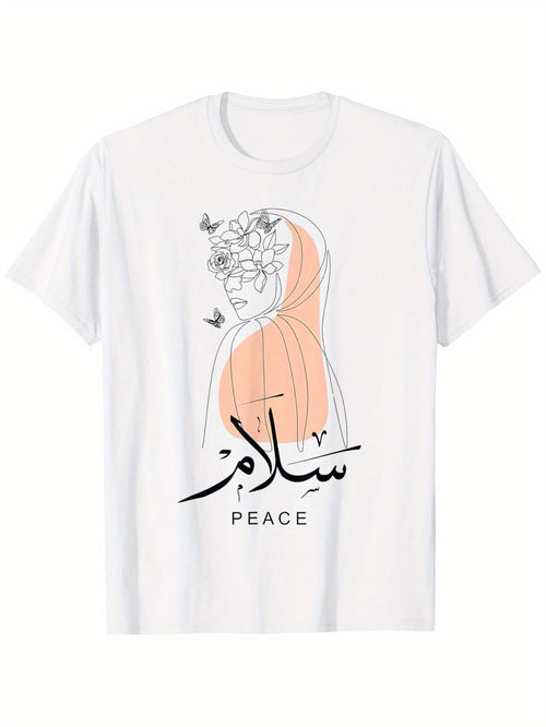 Women's Graphic T-Shirt Peace Line Art With Blossoms Butterflies And Flowing Hijab Woman
