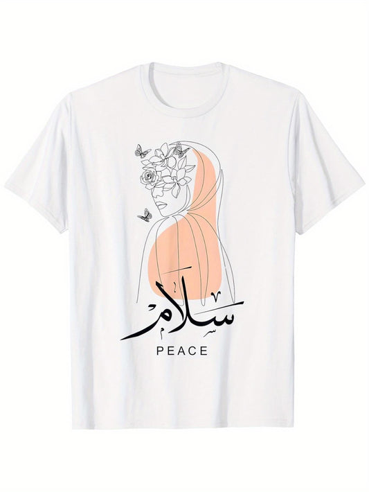Women's Graphic T-Shirt Peace Line Art With Blossoms Butterflies And Flowing Hijab Woman