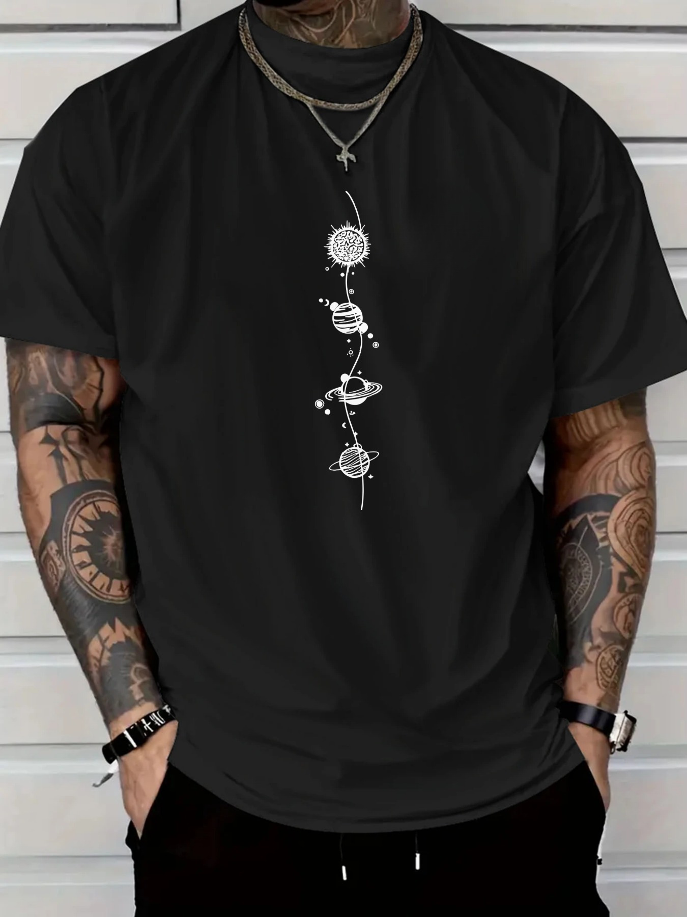 Men's Graphic T-Shirt Celestial Planets With Orbiting Stars And Mystical Moon Design