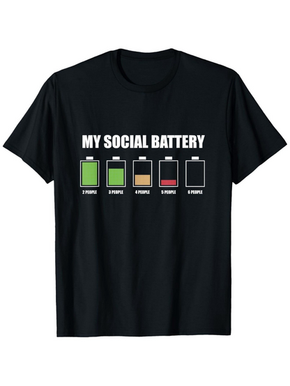 Men's Graphic T-Shirt My Social Battery With Five Labeled Colorful Battery Icons Front