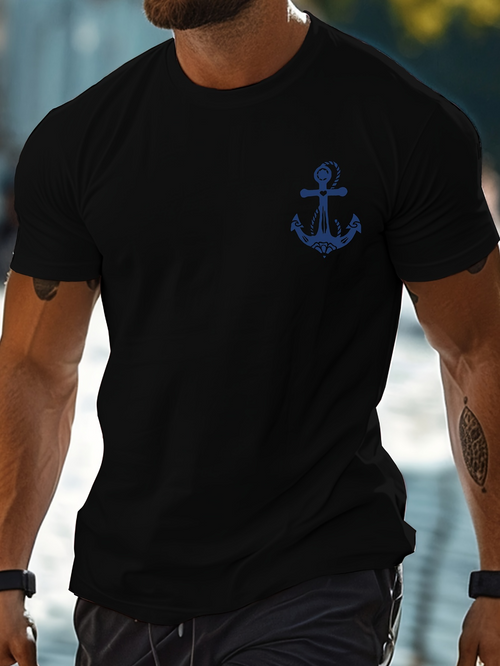 Men's Graphic T-Shirt Nautical Blue Emblem With Classic Decorative Anchor Symbol