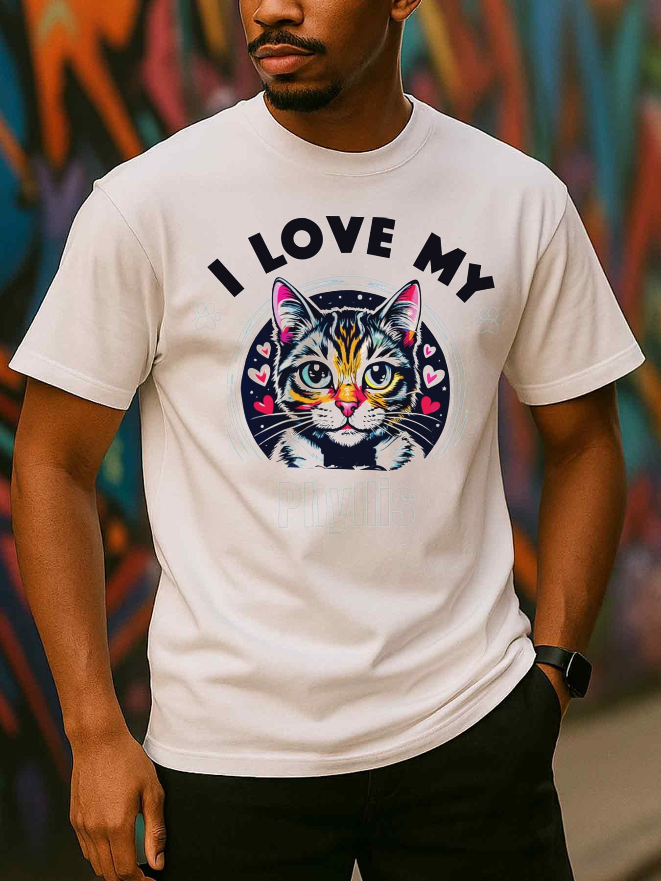 Men's Graphic T-Shirt I Love My Playful Whiskered Cat Surrounded By Colorful Hearts