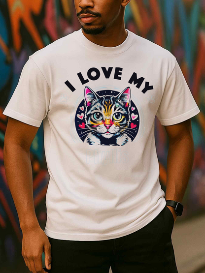 Men's Graphic T-Shirt I Love My Playful Whiskered Cat Surrounded By Colorful Hearts