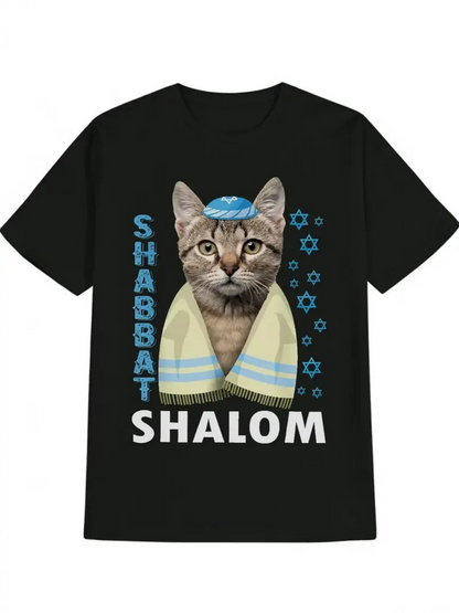 Men's Graphic T-Shirt Shabbat Shalom Cat With Blue Yarmulke And Star Accents