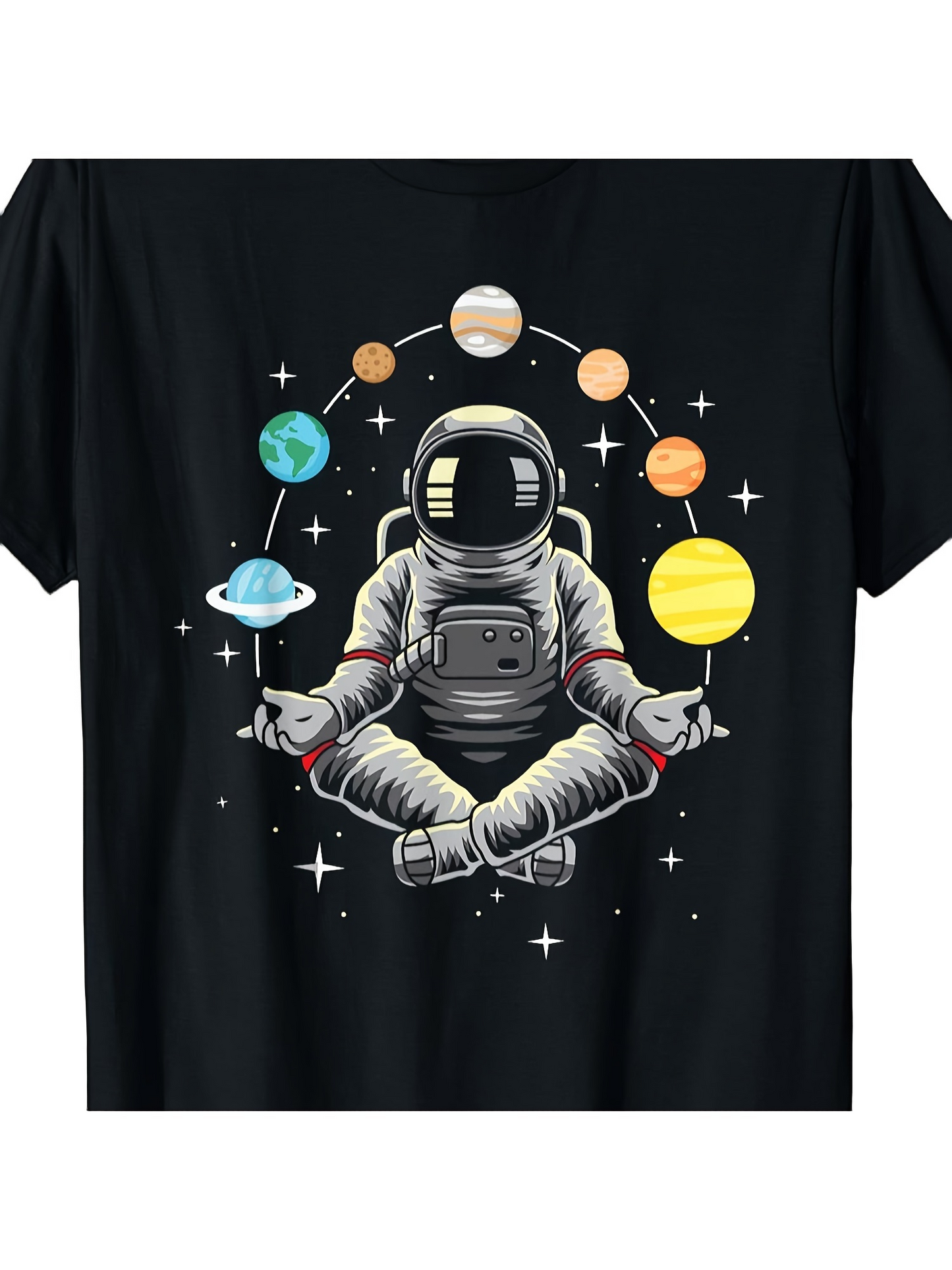 Men's Graphic T-Shirt Meditating Astronaut With Colorful Orbiting Planets And Shining Stars Surrounding Space