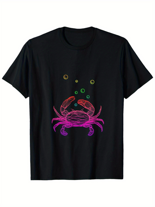 Men's Graphic T-Shirt Colorful Neon Crab Design With Floating Bubbles Among Deep Black Shirt Crab