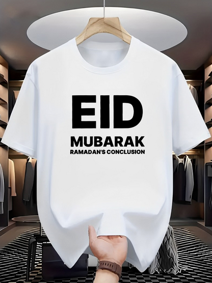 Men's Graphic T-Shirt Eid Mubarak Ramadan Conclusion Celebration Among Pure White Fabric T Shirt