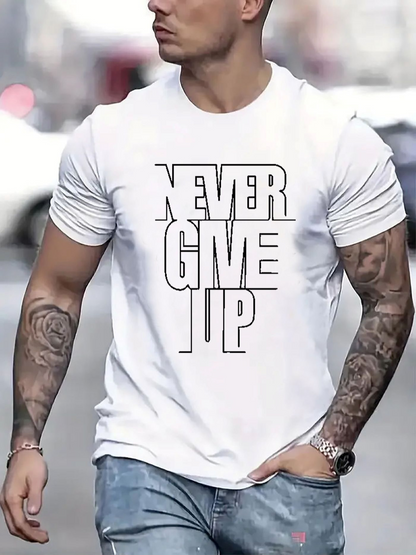 Men's Graphic T-Shirt Never Give Up Black Minimalist Lettering On White Shirt