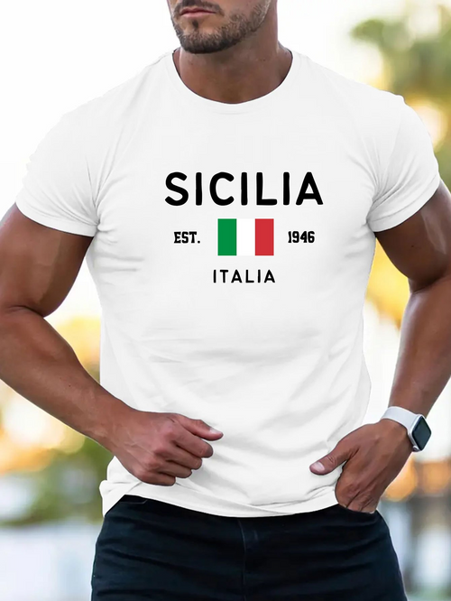 Men's Graphic T-Shirt Sicilia Est 1946 Italia With Italian Flag Colors