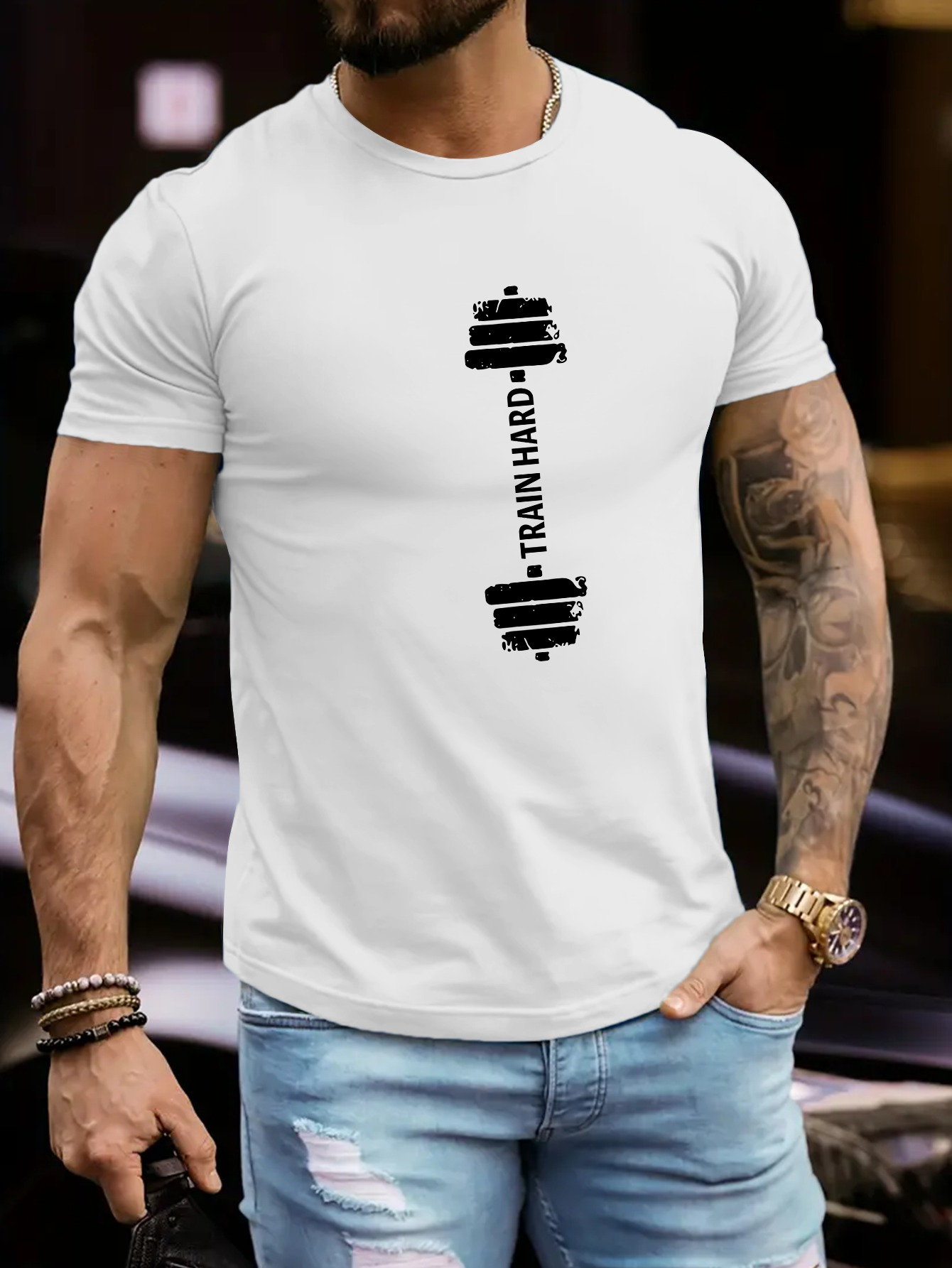 Men's Graphic T-Shirt Train Hard With Minimalist Vertical Dumbbell Graphic