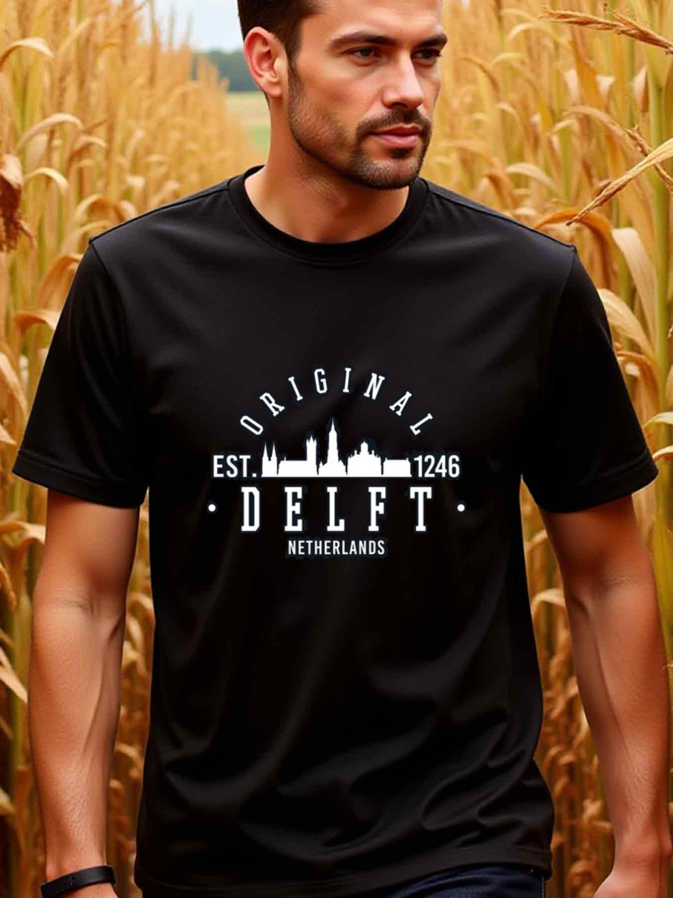 Men's Graphic T-Shirt Original Est 1246 City Skyline Over Bold White Delft