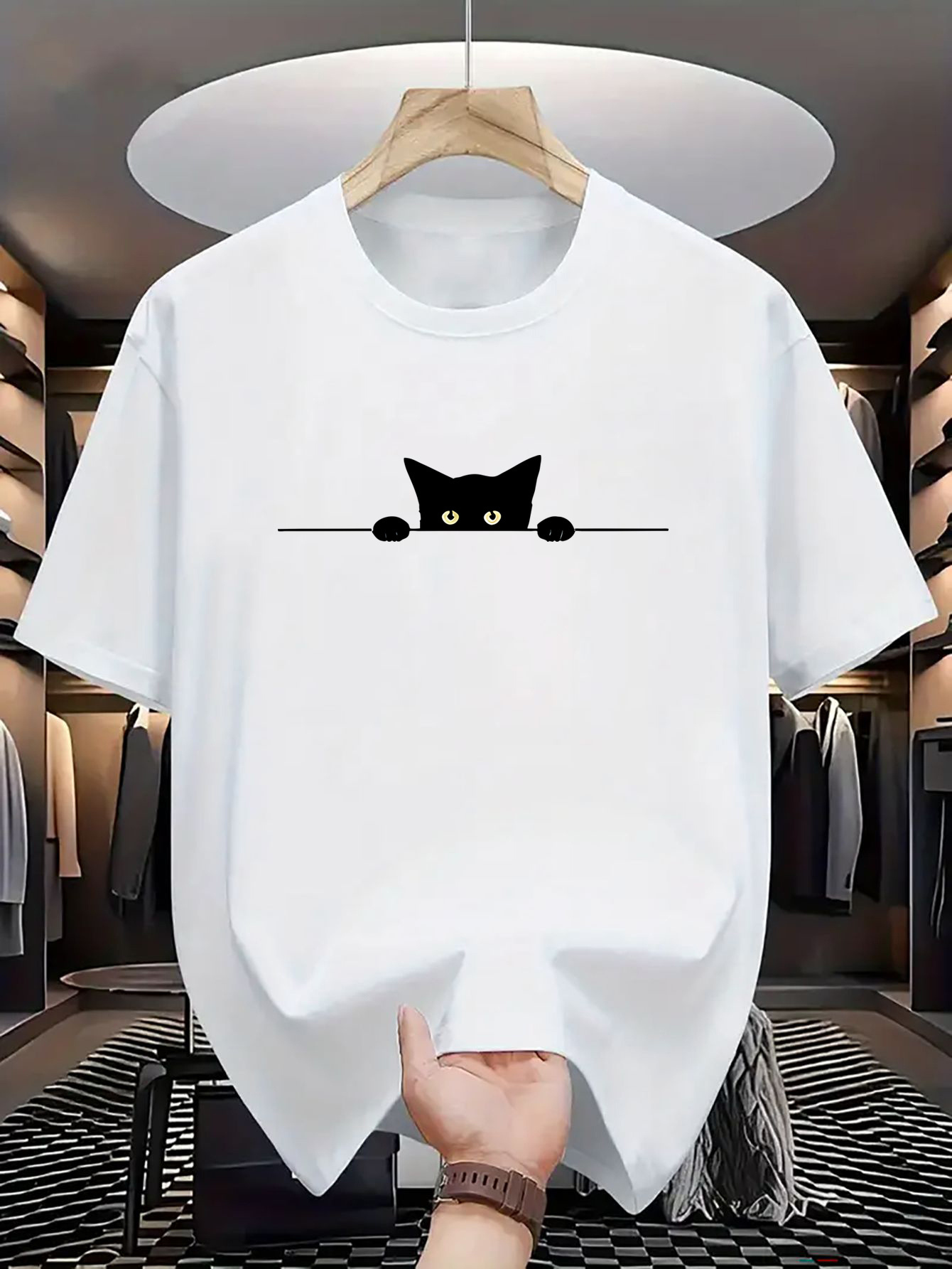 Men's Graphic T-Shirt Curious Black Cat Peeking Over A Simple Minimalist Line Cat