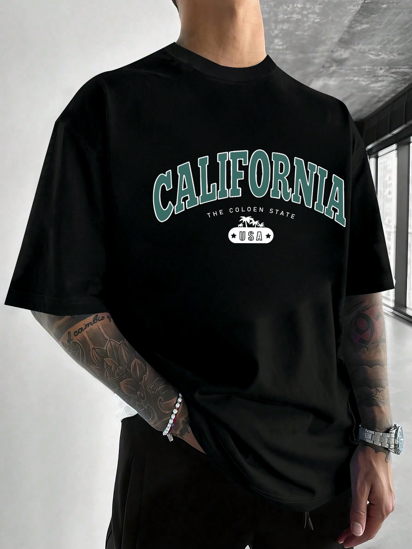 Men's Graphic T-Shirt California Green Arch Letters With Small White Text Black T Shirt