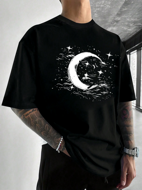 Men's Graphic T-Shirt Shining Night Sky With Crescent Moon And Whispering Stars Moon