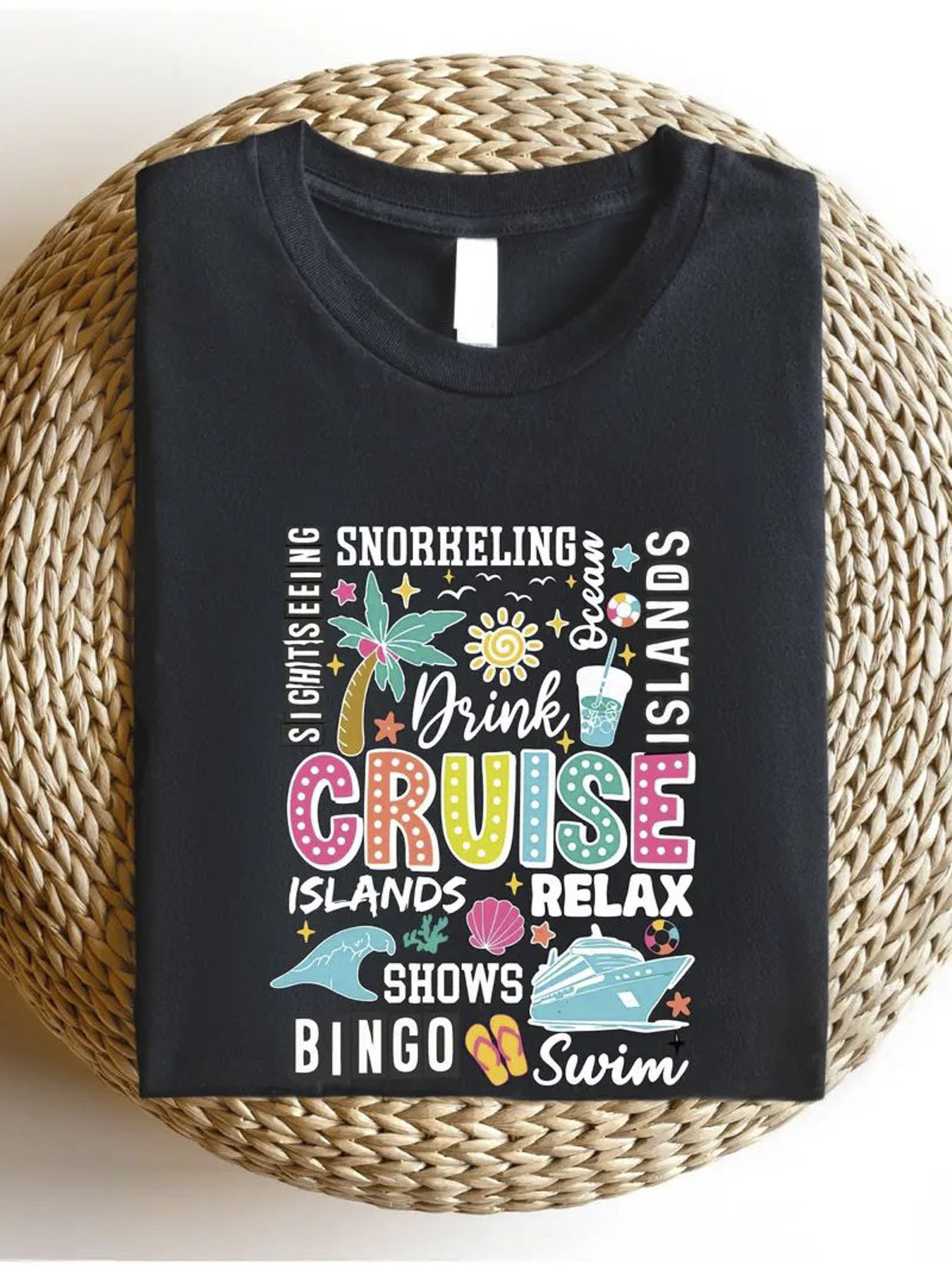 Men's Graphic T-Shirt Drink Cruise Islands Shows Bingo Swim With Tropical Palm Wave And Sun