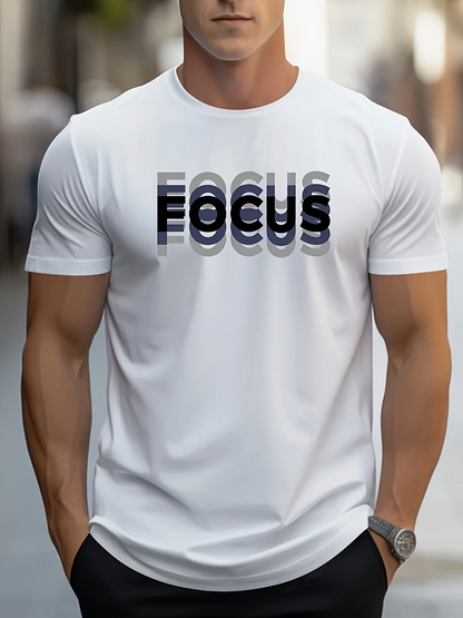 Men's Graphic T-Shirt Focus Overlapping Shadowed Black Lettering Typography Word