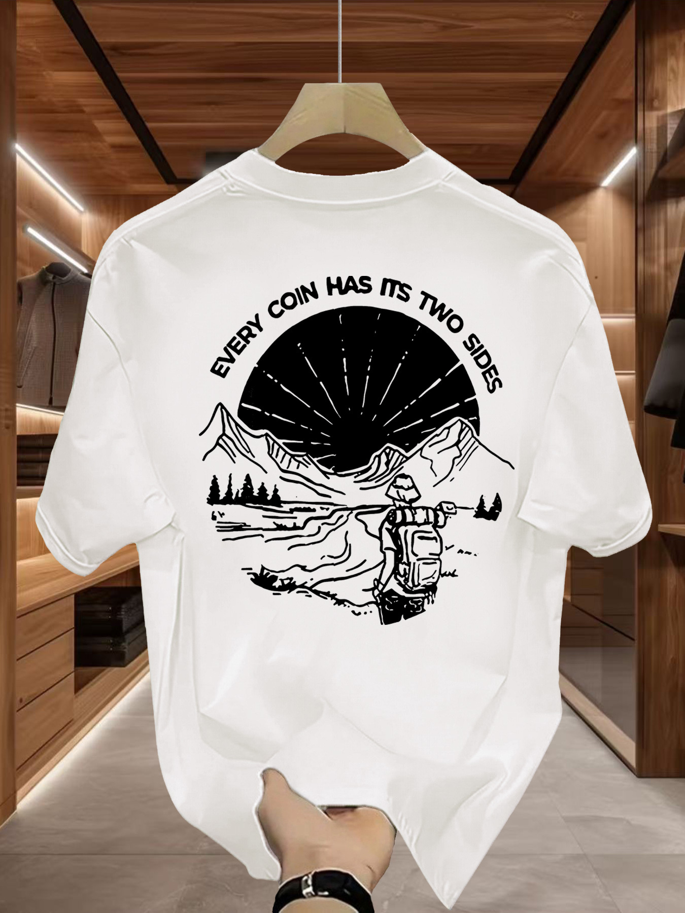 Men's Graphic T-Shirt Every Coin Has Its Two Sides Scenic Valley With Hiker Surrounded By Majestic Mountains