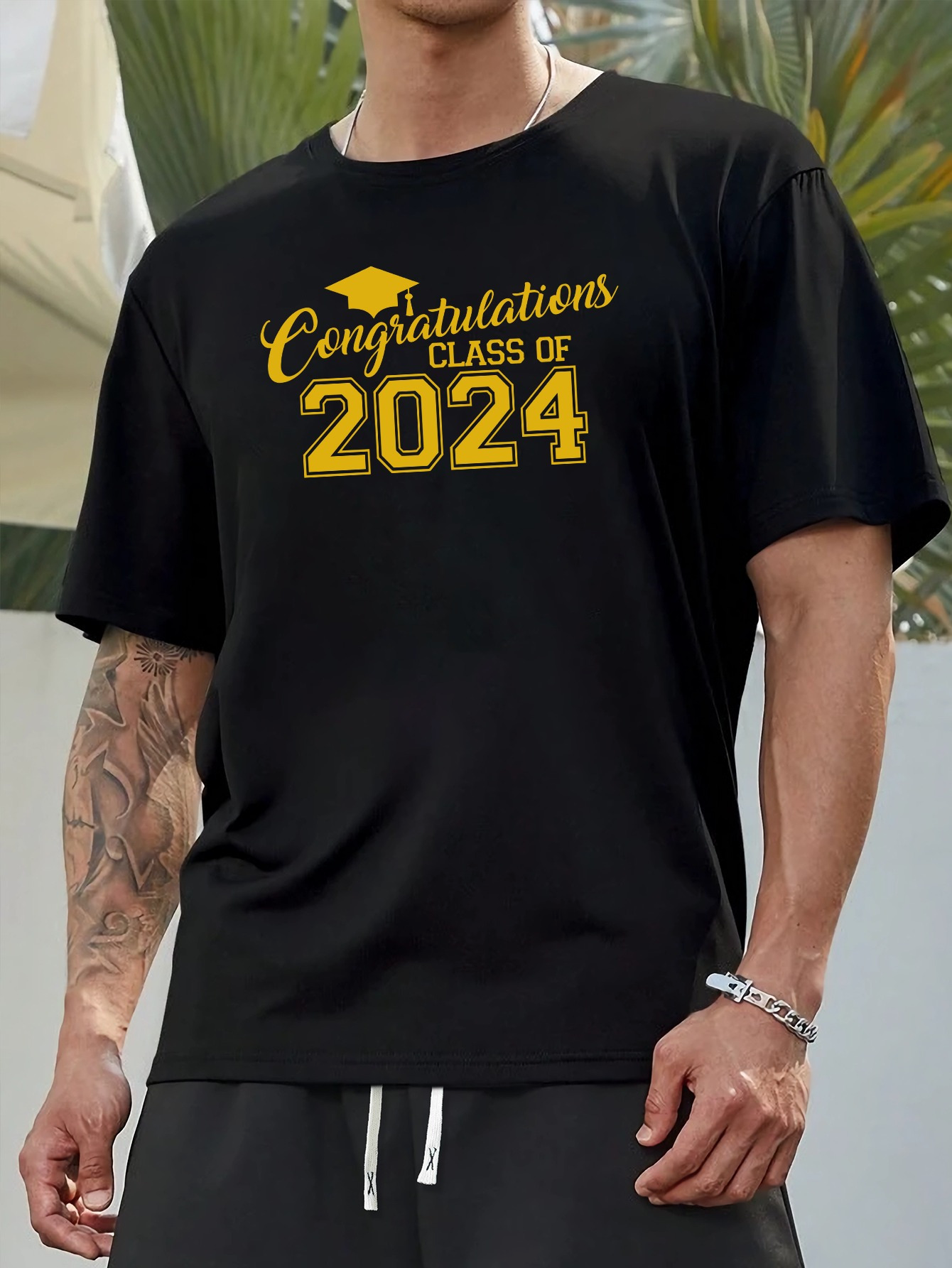 Men's Graphic T-Shirt Congratulations Class Of 2024 With Graduation Cap Motif On Black Fabric Shirt
