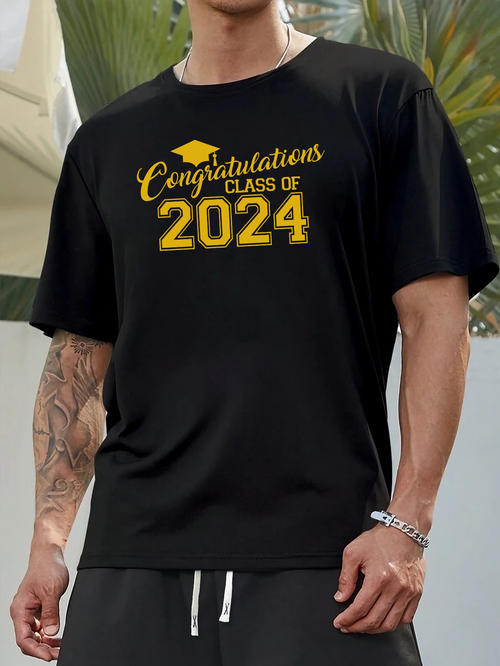 Men's Graphic T-Shirt Congratulations Class Of 2024 With Graduation Cap Motif On Black Fabric Shirt