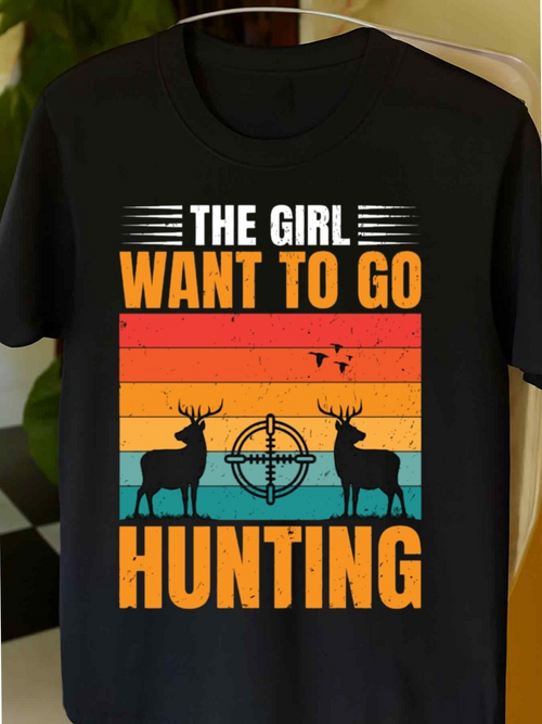 Men's Graphic T-Shirt The Girl Want To Go Hunting Sunset Silhouette With Deer Under Crosshair And Birds