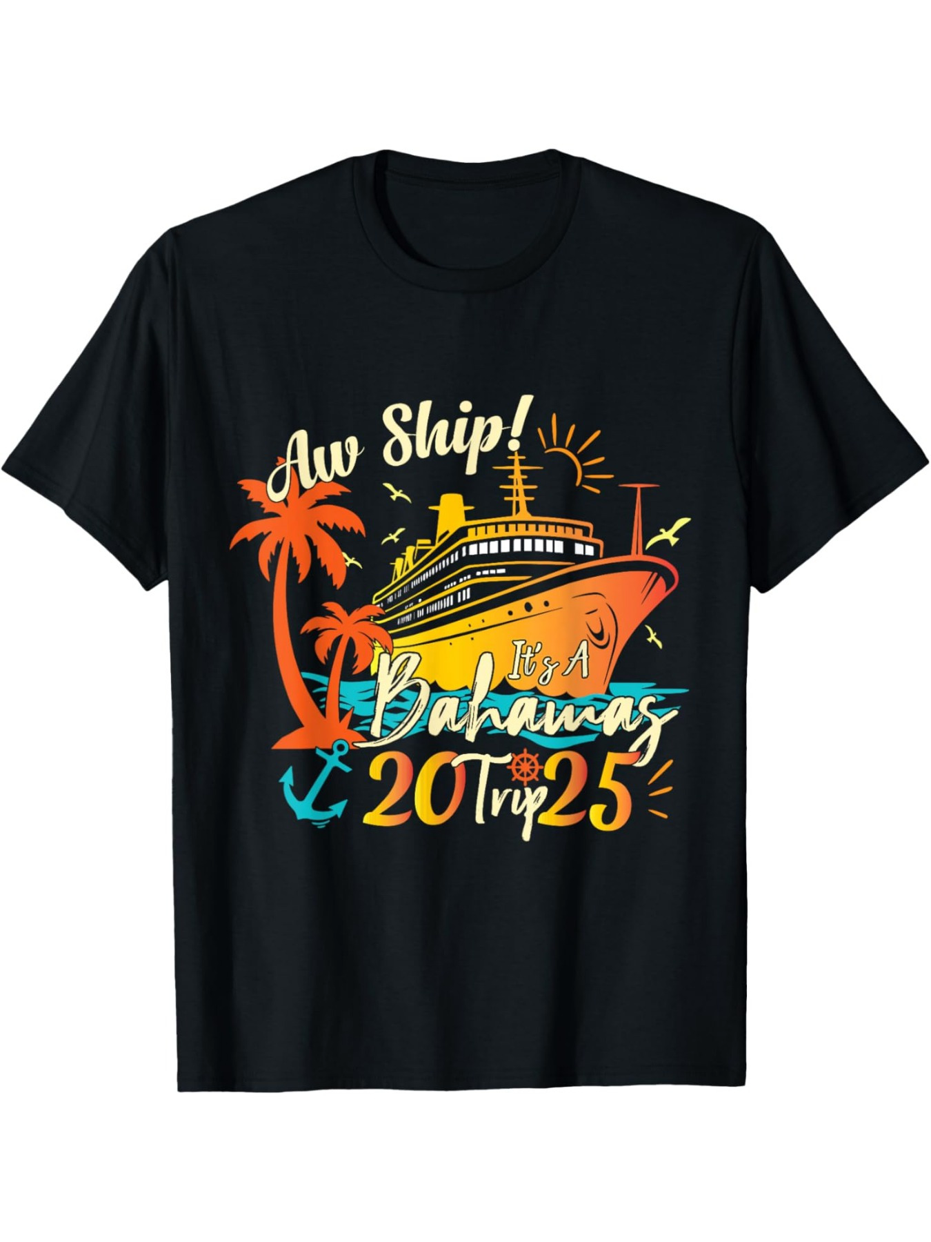 Men's Graphic T-Shirt Aw Ship Bahamas With Colorful Cruise Ship And Palm Tree Sunset