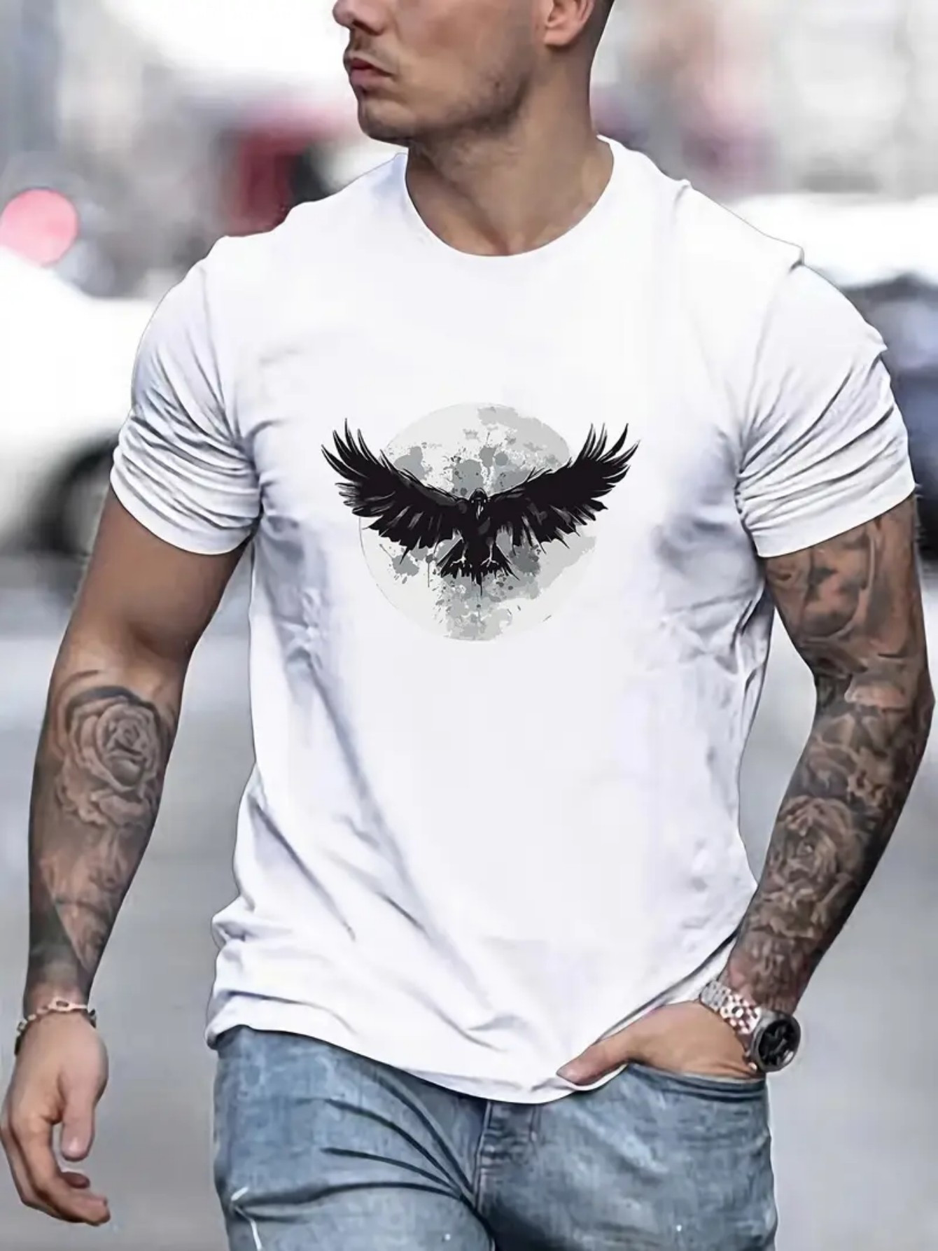 Men's Graphic T-Shirt Soaring Black Wings With Full Moon Behind Majestic Raven