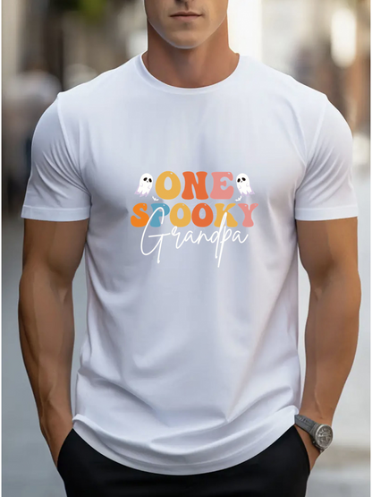 Men's Graphic T-Shirt One Spooky Grandpa With Little Cartoon Ghosts Colorful Letters
