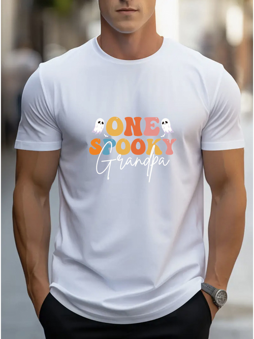 Men's Graphic T-Shirt One Spooky Grandpa With Little Cartoon Ghosts Colorful Letters
