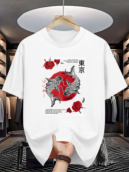 Men's Graphic T-Shirt Two Koi Fishes Swimming Among Red Blossoms Under Full Moon