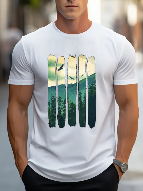 Men's Graphic T-Shirt Soaring Birds Across Mountain Landscape With Fading Sunlight Forest