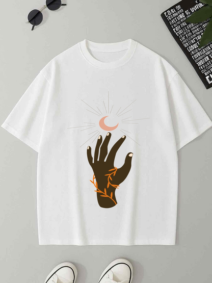 Men's Graphic T-Shirt Radiant Light With Crescent Moon Above Outstretched Hand