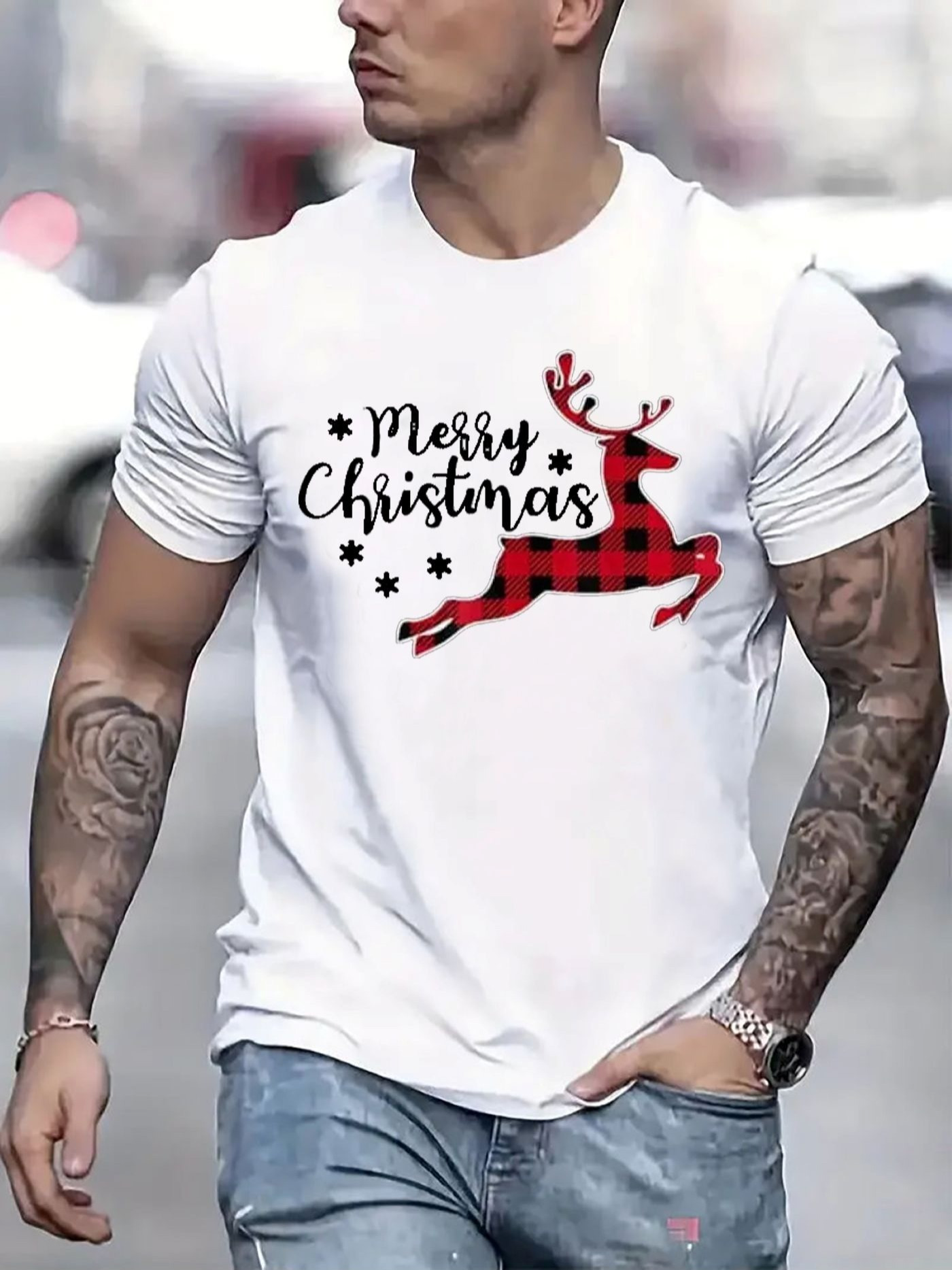 Men's Graphic T-Shirt Merry Christmas With Red Plaid Patterned Festive Jumping Reindeer