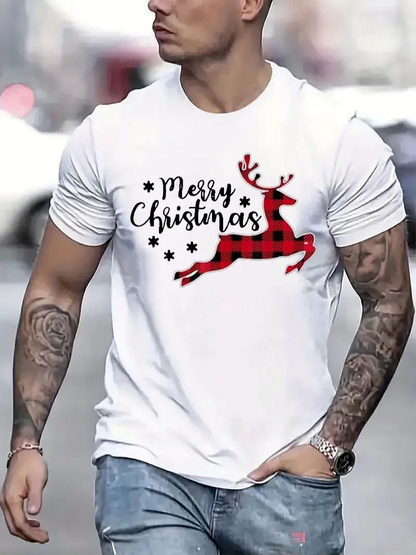 Men's Graphic T-Shirt Merry Christmas With Red Plaid Patterned Festive Jumping Reindeer