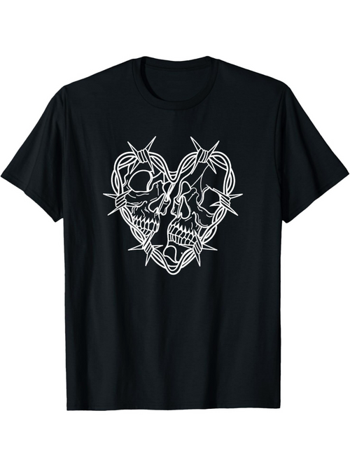 Men's Graphic T-Shirt Barbed Wire Heart Enclosing Intertwined Human Skull Motif