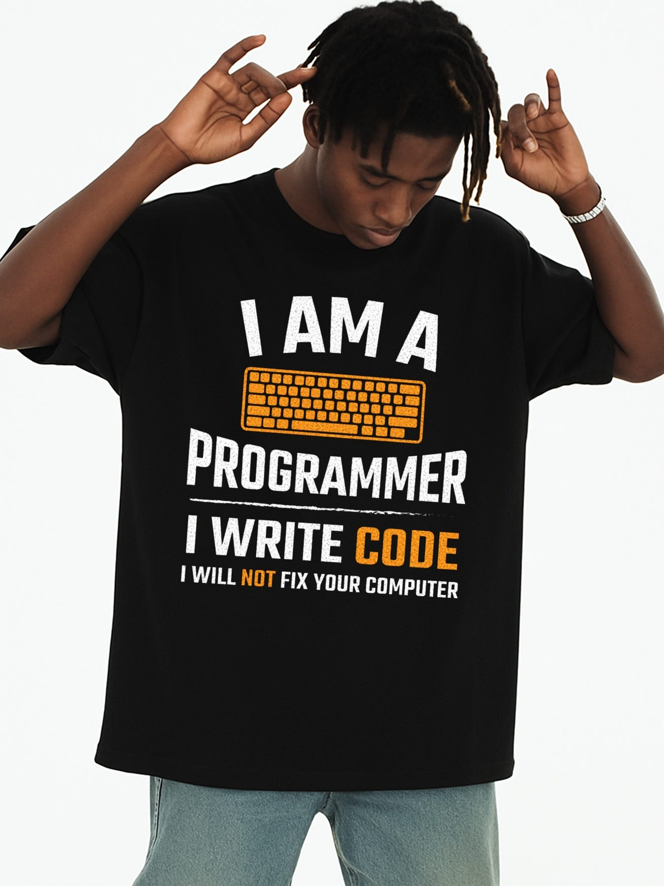 Men's Graphic T-Shirt I Am A Programmer With Yellow Keyboard And Bold Code Words T Shirt