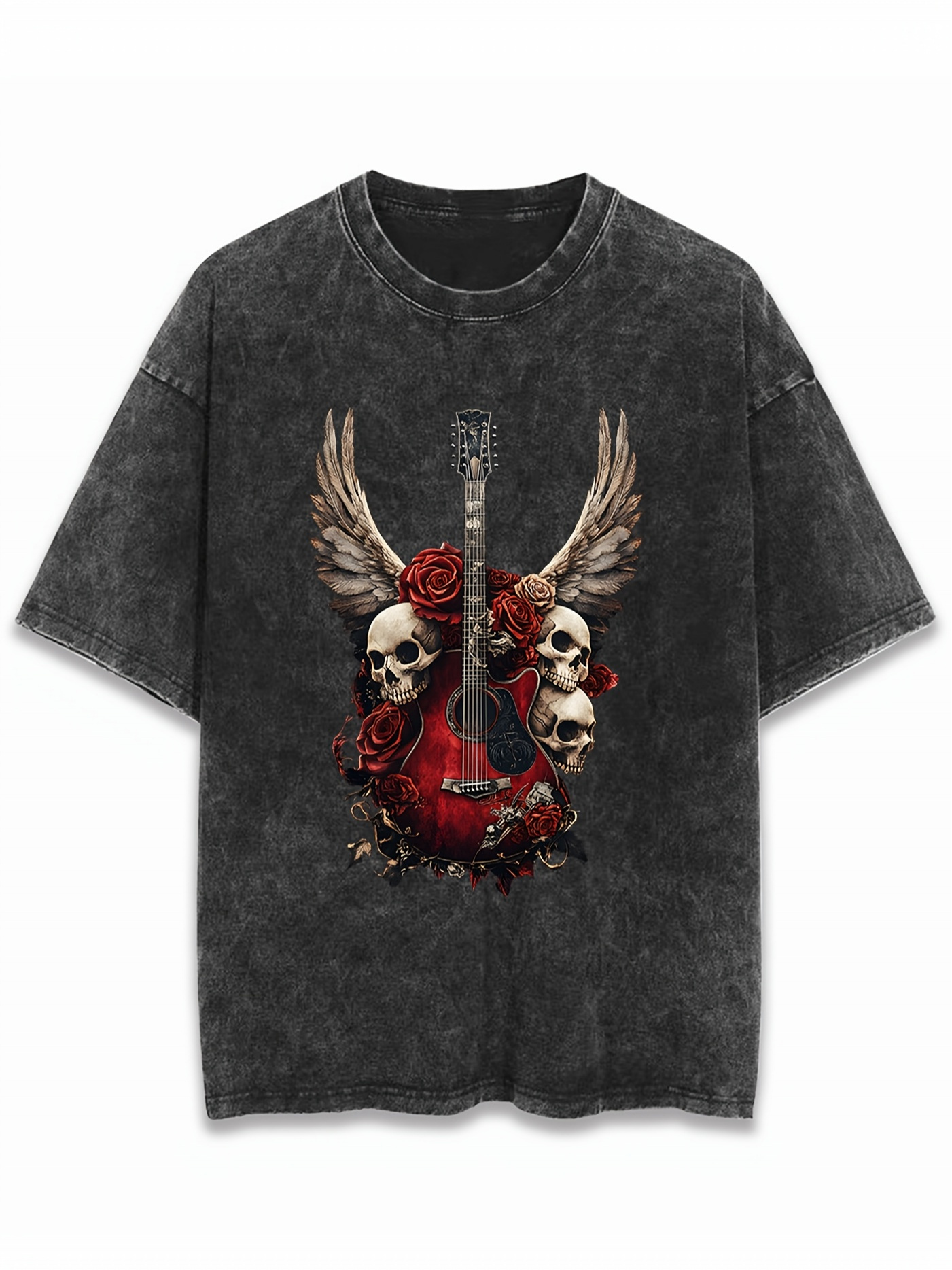 Men's Graphic T-Shirt Roses And Skull With Wings Centered Guitar