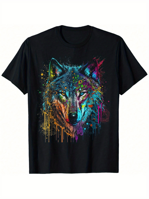 Men's Graphic T-Shirt Vivid Multicolored Paint Splash Among Dark Artistic Wolf