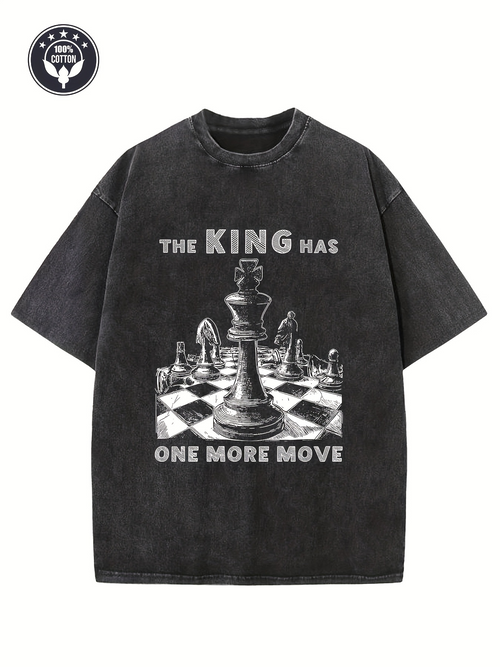 Men's Graphic T-Shirt The King Has One More Move Chessboard With Oversized Monochrome Pieces On Black Tee