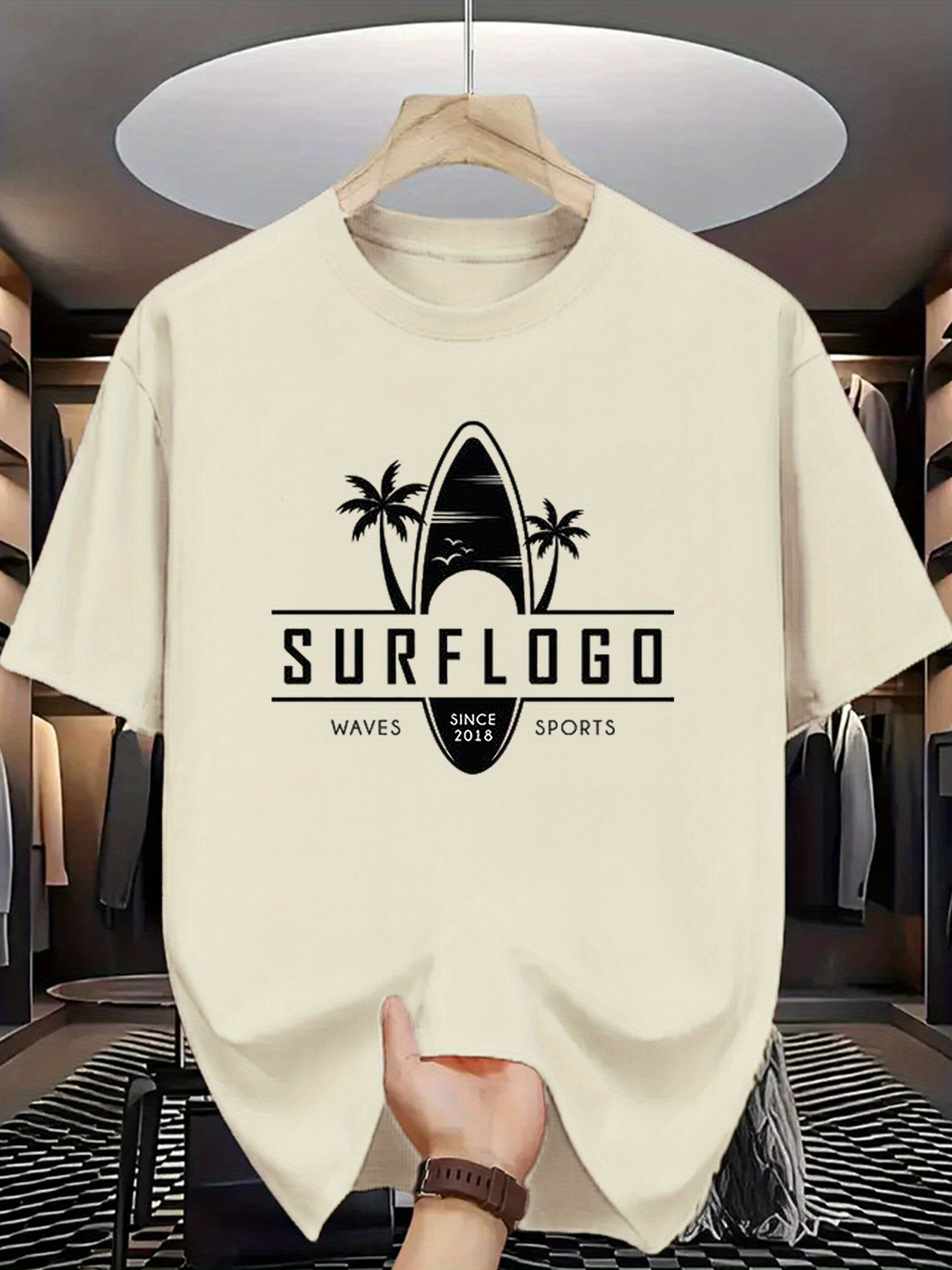 Men's Graphic T-Shirt Surflogo Palm Trees With Waves Under Silhouette Surfboard