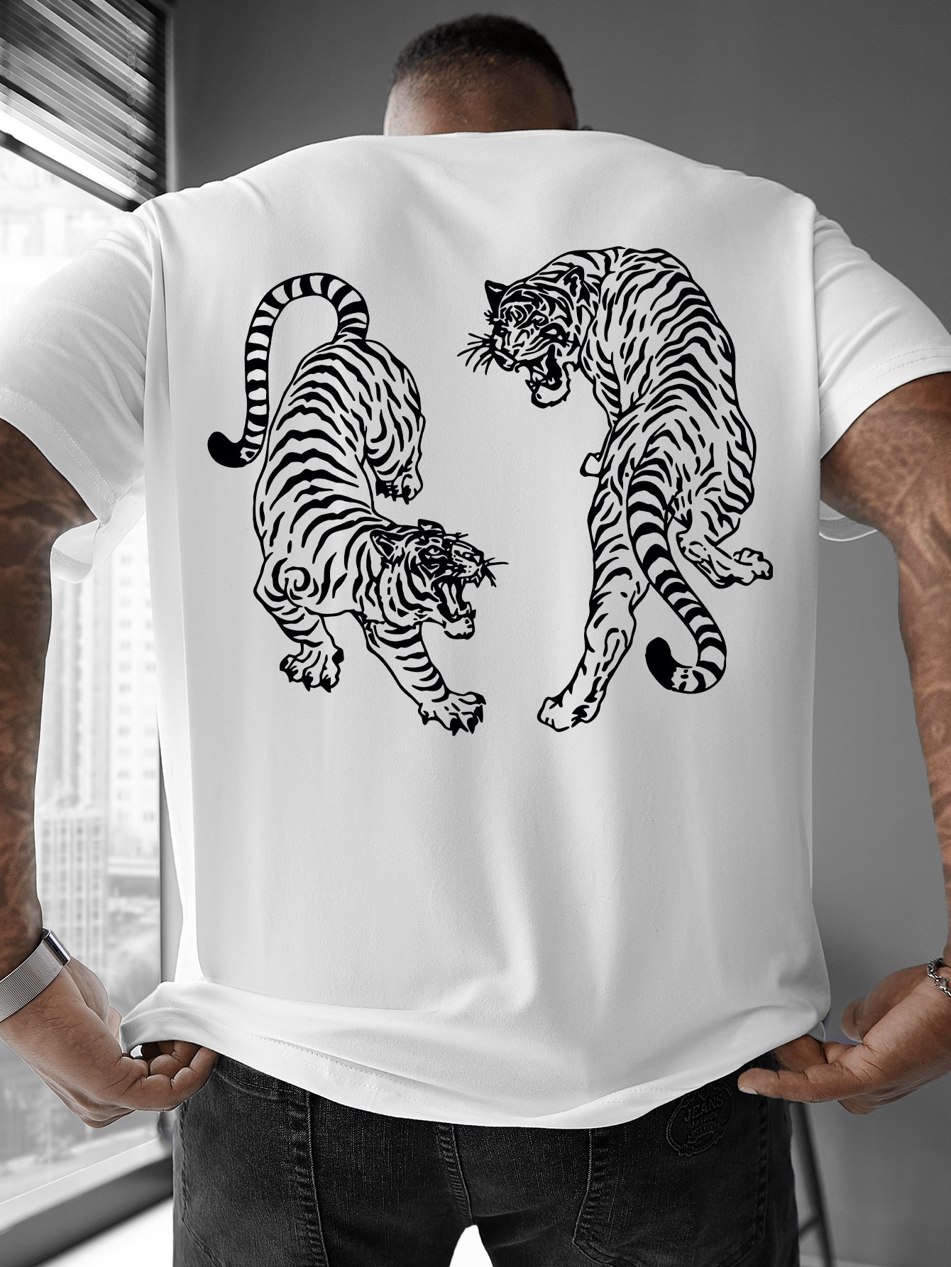 Men's Graphic T-Shirt Dynamic Tigers In Monochrome Style Facing Each Other With Fierce Expressions Tiger
