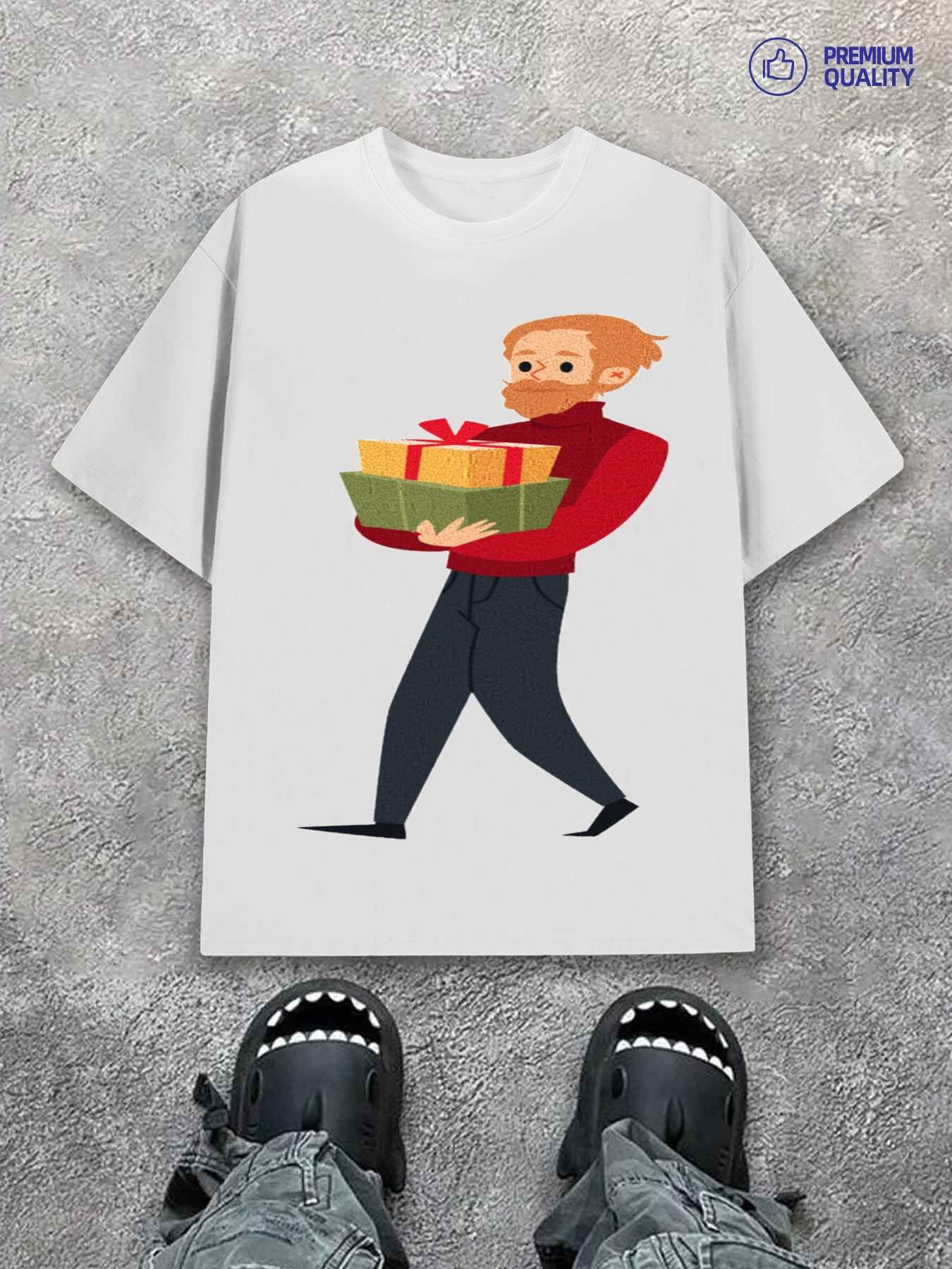 Men's Graphic T-Shirt Man In Red Shirt Walking With Wrapped Gift Boxes