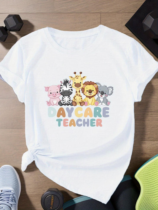 Women's Graphic T-Shirt Daycare Teacher Playful Cartoon Animals Among Pastel Colorful Letters T Shirt
