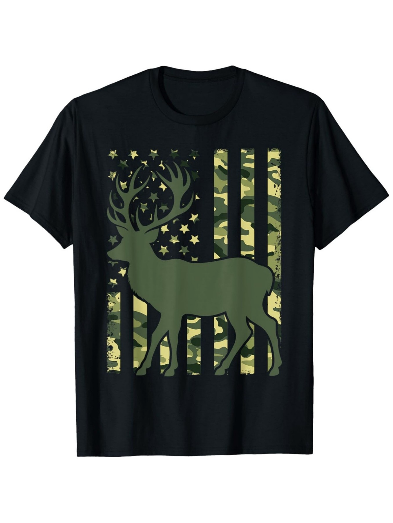 Men's Graphic T-Shirt Camo Patterned Stars And Stripes Behind Majestic Forest Deer