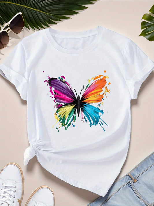Women's Graphic T-Shirt Vivid Colorful Splashes Bursting With Artistic Energy On Majestic Butterfly